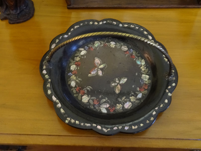 Victorian papier mache tray with detailed handle-Jennens & Bettridge